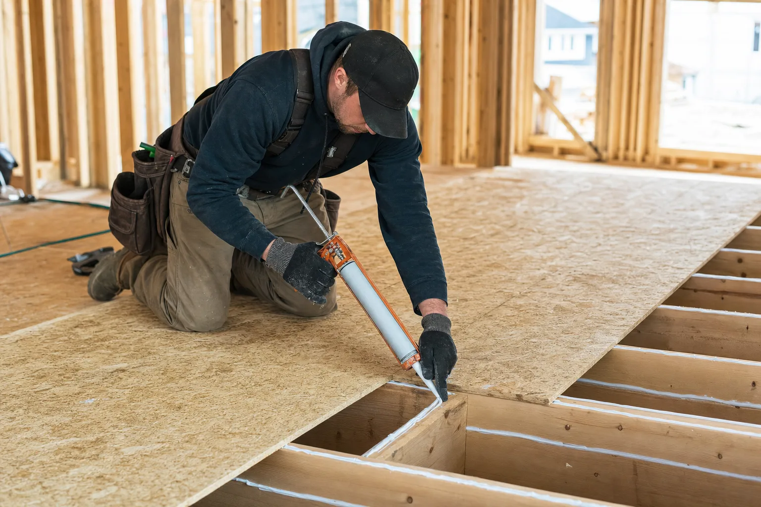 Installer applying adhesive along joists before placing the next subfloor sheet