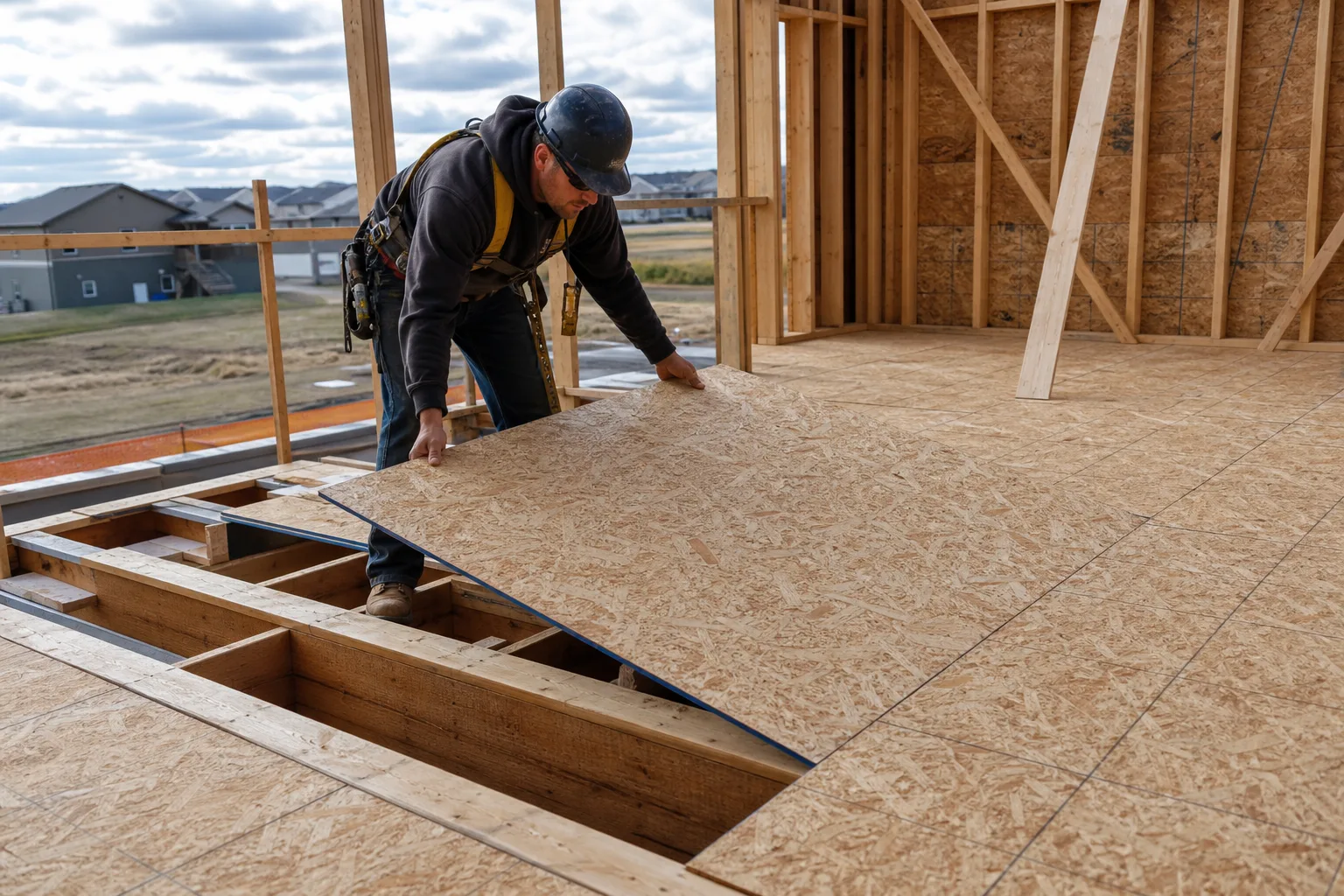 Installer placing a new OSB sheet onto floor joists beside installed panels