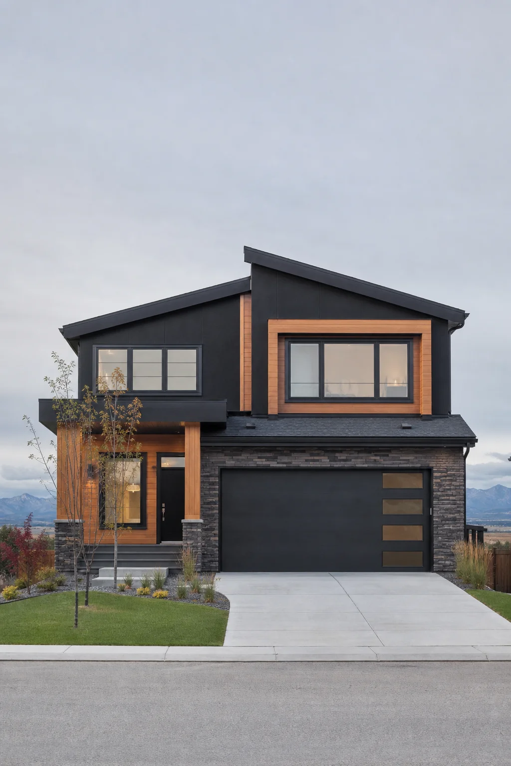 Contemporary dark-clad new-build home in a Calgary planned community